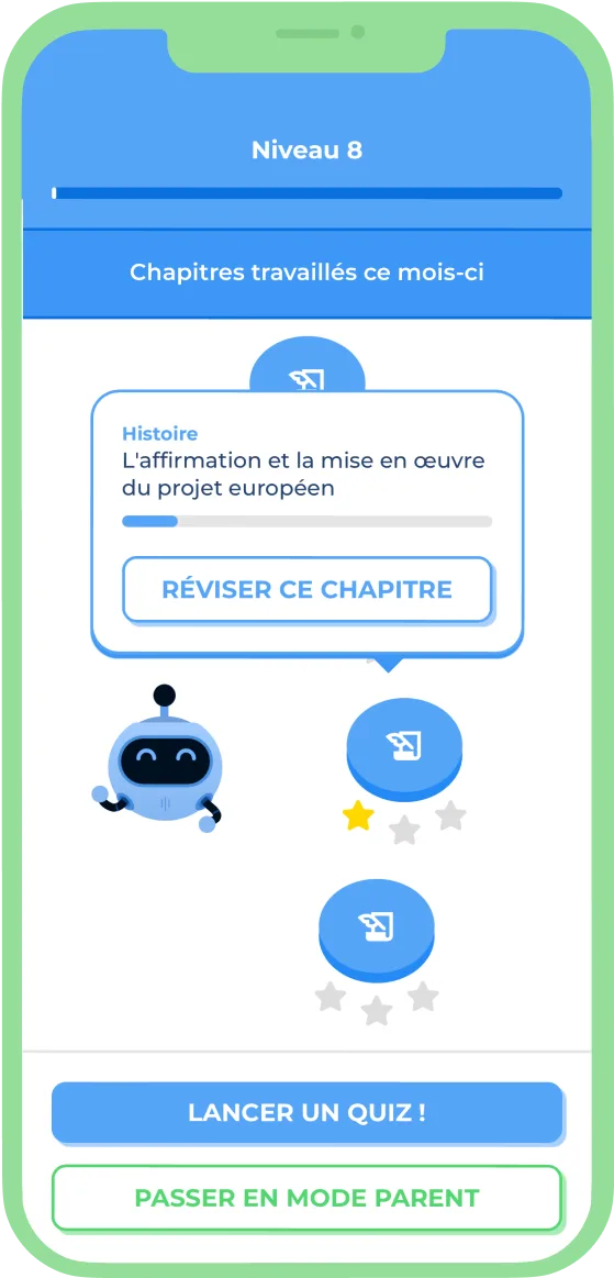 Écran de l'app Altus : niveau 8, quiz scolaire