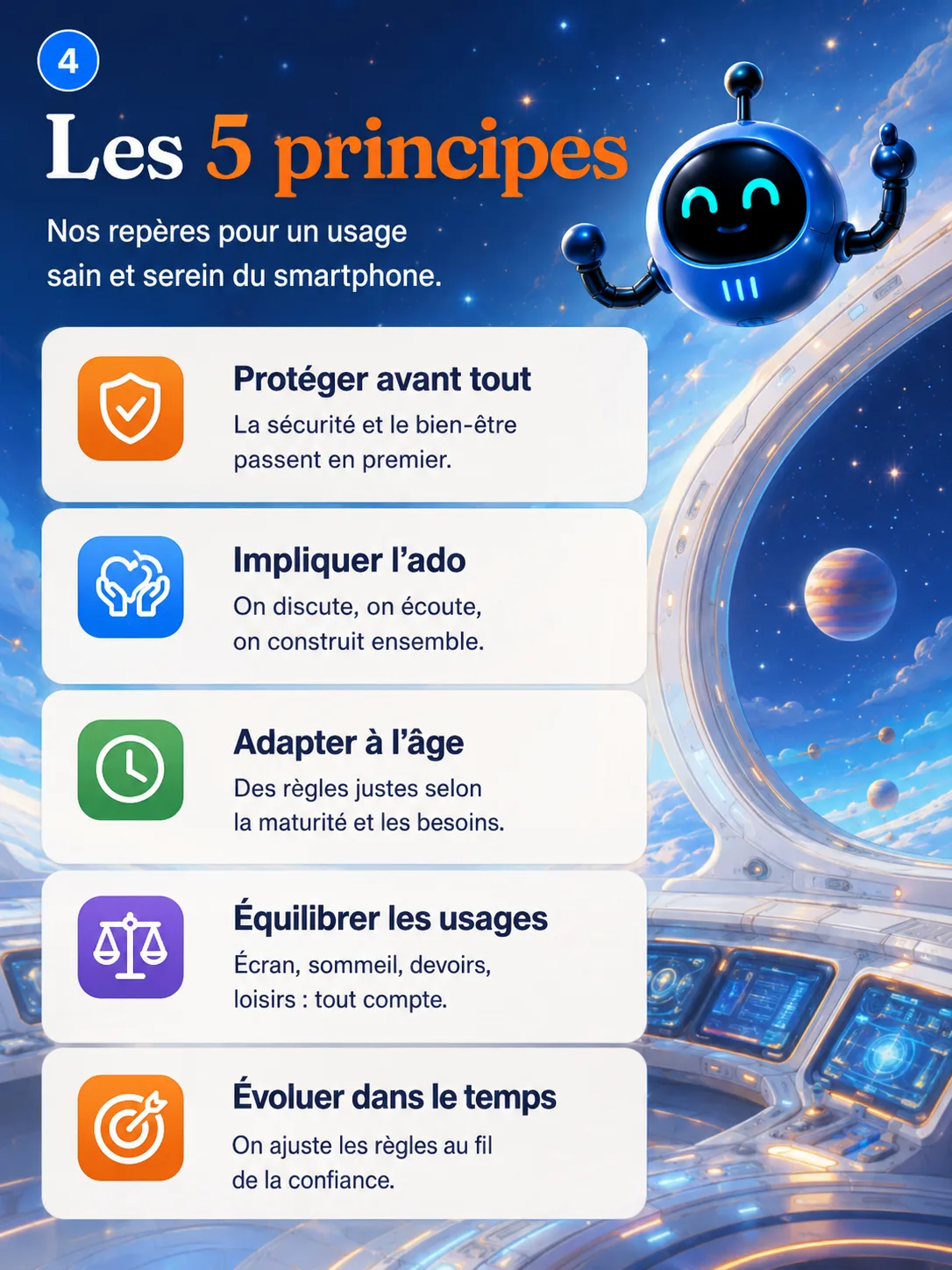 Les 5 principes pour un usage sain et serein du smartphone.